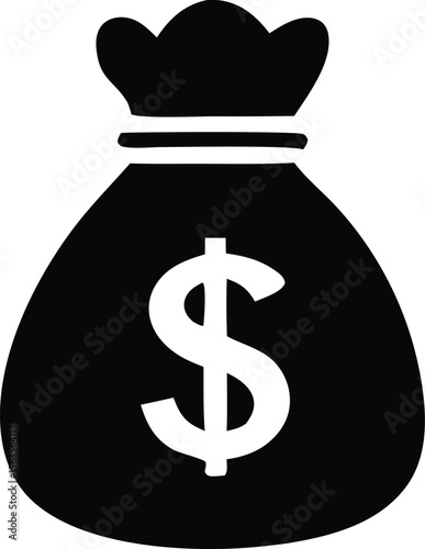 A simple black and white graphic illustration of a money bag with a prominent white dollar sign on its front