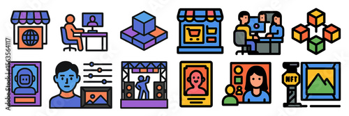 Colorful digital icons representing online commerce, social interaction, and creative expression in a modern setting