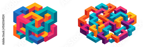 Colorful geometric patterns intertwining in a dynamic arrangement showcasing vibrant hues and intricate designs