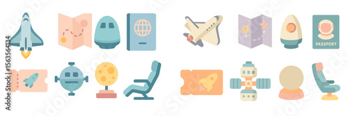 Colorful travel-themed illustrations featuring space exploration elements, maps, tickets, and travel documents for adventure enthusiasts