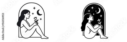 Women sitting in arches with flowers, representing day and night in a minimalist design