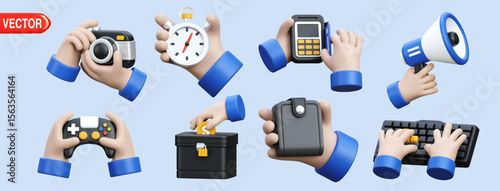 3D vector illustration features hands holding various objects like a camera, stopwatch, phone, game controller, and toolbox. Perfect for concepts related to technology, work, hobbies, and achievements