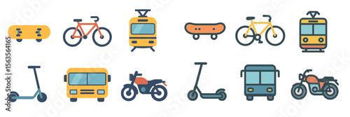 Various modes of transportation displayed in a colorful illustration featuring skateboards, bicycles, and scooters
