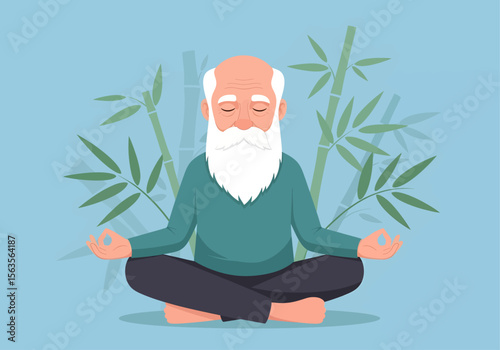 A serene elderly man with a long white beard meditates peacefully in a lotus yoga pose against a calming background of bamboo stalks.