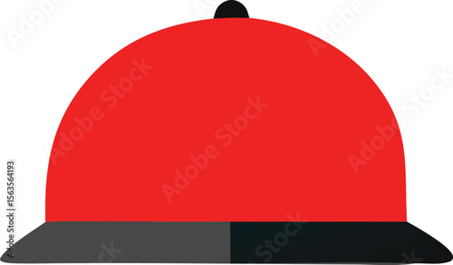 A simple illustration of a red baseball cap with a black button and a dark gray and black brim against a white background