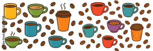 Colorful coffee cups surrounded by coffee beans in a vibrant pattern showcasing various drink styles