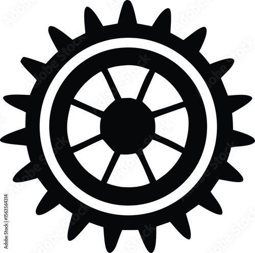 Stylized black gear with radiating spokes and a toothed outer edge on a white background