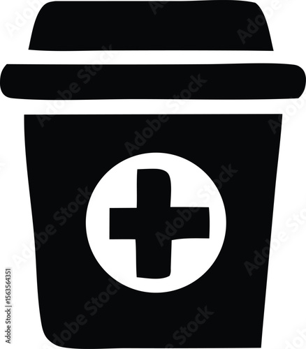 Simple black icon of a coffee cup with a white circle containing a black cross symbol on its side