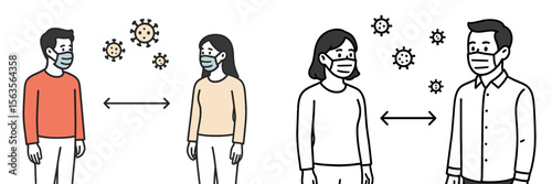 People wearing masks practicing social distancing in a health awareness illustration