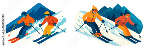 Skiers enjoying a winter day on a snowy mountain slope surrounded by beautiful peaks