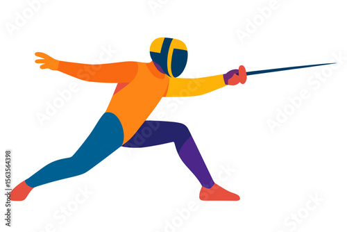 Fencer in action at a competitive event showcasing colorful gear and dynamic movement during a match