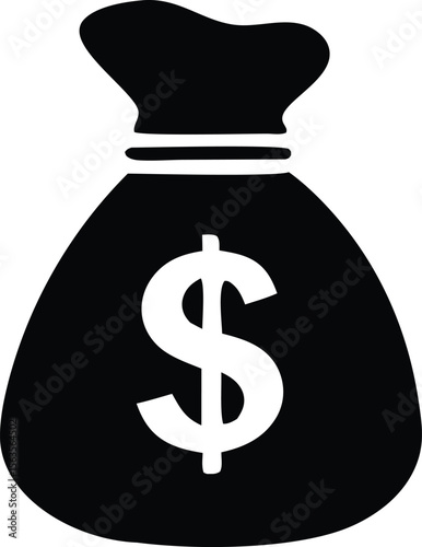 A simple black and white graphic icon representing a money bag with a dollar sign prominently displayed
