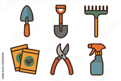 Gardening tools displayed on a white background with essential gardening supplies for planting and maintenance