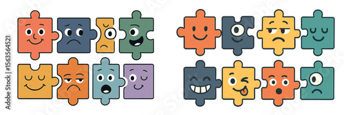 Different expressions displayed on puzzle pieces in a colorful layout showcasing emotions and reactions