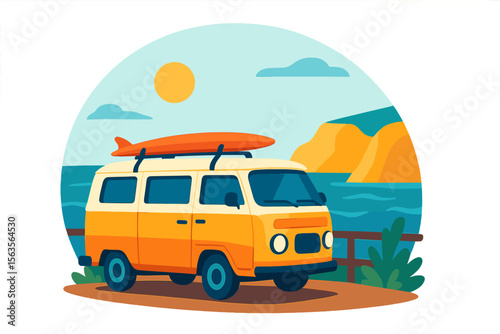 Surfing adventure in a vintage van by the coast during a sunny day near rocky cliffs