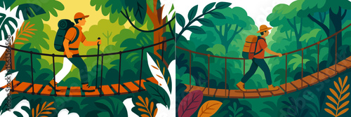 Hiker crossing a suspension bridge in a lush forest during daytime adventure