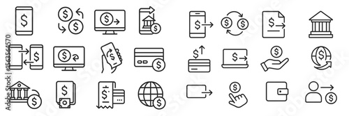 Various financial icons representing transactions, banking, and digital payments in a modern style