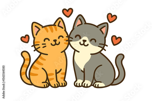 Cute cartoon cats share a moment of affection surrounded by hearts on a cheerful background