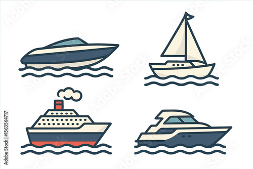 Different types of boats navigating calm waters in a stylized illustration with distinct designs and colors