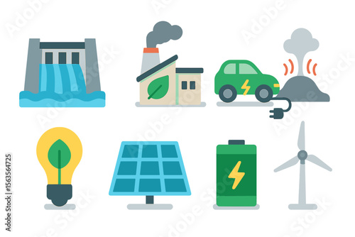 Icons representing various renewable energy sources and technologies in a colorful layout highlighting sustainability efforts