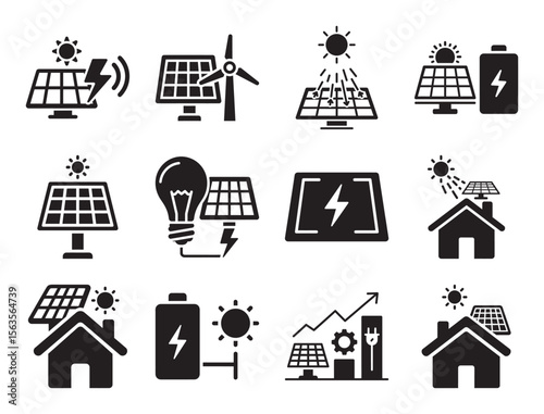Solar energy and photovoltaics glyph icon set for sun power technology showing panel battery house and other symbols for renewable green electricity generation