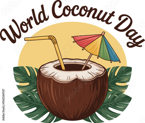 Festive Illustration for World Coconut Day with a Coconut Drink Colorful Umbrella Straw and Tropical Leaves against a Soft Yellow Background Perfect for Summer Celebrations