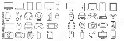 Various electronic devices and accessories illustrated in a minimalist style for tech enthusiasts and designers