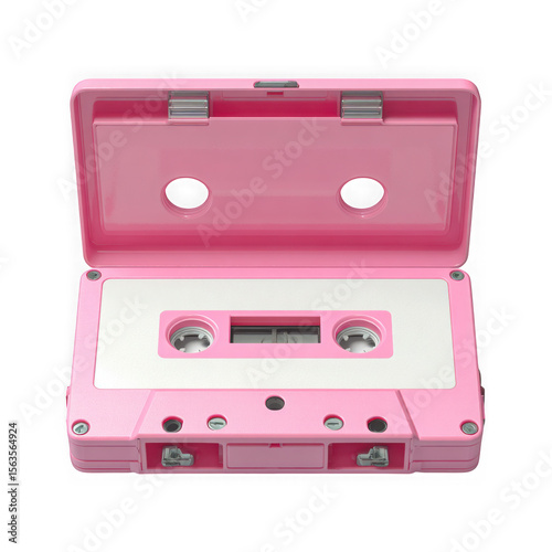 Bright pink retro cassette tape with open lid and white label isolated on transparent background