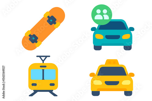 Colorful icons representing various modes of transportation including skateboard, car, tram, and taxi