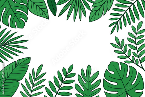 Green tropical leaves create a vibrant border with blank space for text or design features