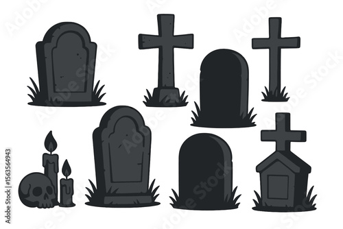 Collection of spooky grave markers and candles ideal for Halloween decorations and themed events