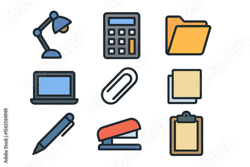 Office workspace essentials with desk lamp, calculator, laptop, and stationery items in a minimalistic arrangement