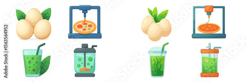 Colorful icons of food items and beverages showcasing eggs, pizza preparation, and green drinks in a vibrant style