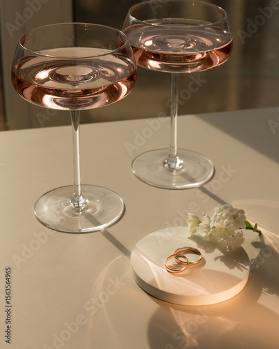 Two gold wedding rings lie on the table, next to them are two glasses of champagne. Preparation for the wedding. Wedding anniversary.