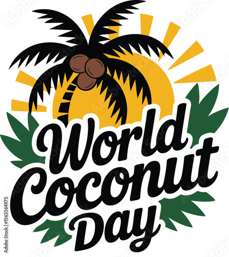 Minimalist vector illustration for World Coconut Day on September 2nd featuring a stylized coconut with a straw in a single green color on a white