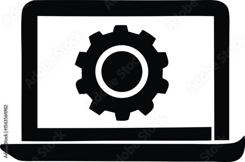 Black silhouette of a laptop displaying a gear icon symbolizing technology settings and digital operations