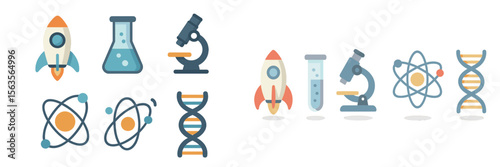 Colorful science and space icons featuring rockets, laboratory equipment, and atoms in a flat design style