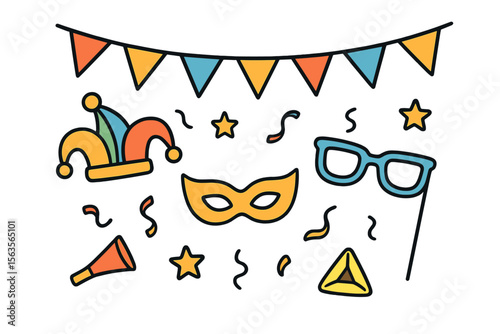 Colorful carnival decorations including a jester hat, mask, and party accessories for a festive celebration