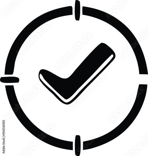 A stylized black checkmark symbol centered within a circular target or crosshair graphic against a white background