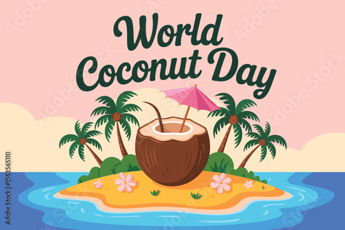 Minimalist World Coconut Day Illustration with Green Coconut and Straw Celebrating the Holiday on September 2nd Promoting Coconut Benefits and Awareness Globally Isolated on White