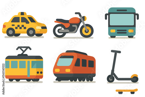 Colorful illustration of various forms of transportation including taxi, motorcycle, bus, tram, train, scooter, and skateboard in an urban setting