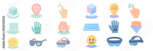 Colorful collection of diverse icons illustrating digital interactions and augmented reality concepts in a modern style
