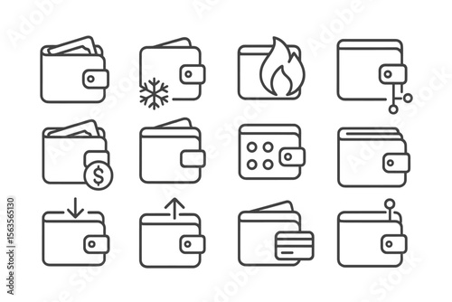 Wallet icons showing various functions in a simple design representing financial management and security