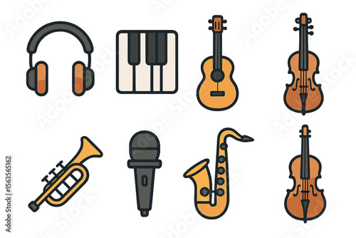Various musical instruments including headphones, guitar, violin, and saxophone arranged in a colorful layout