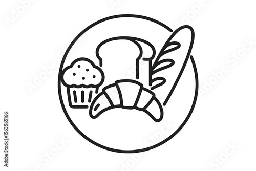 Delicious assortment of baked goods showcasing bread, croissant, muffin, and baguette on a simple white background