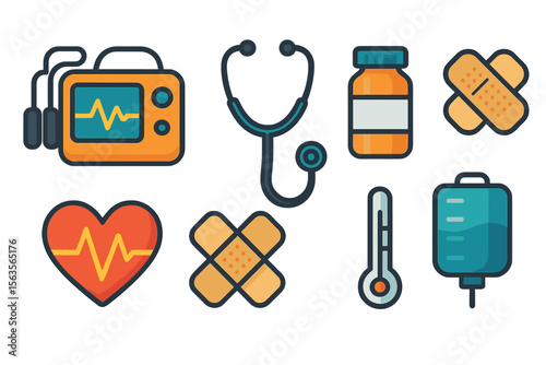 Medical icons representing healthcare equipment and supplies commonly found in hospitals and clinics