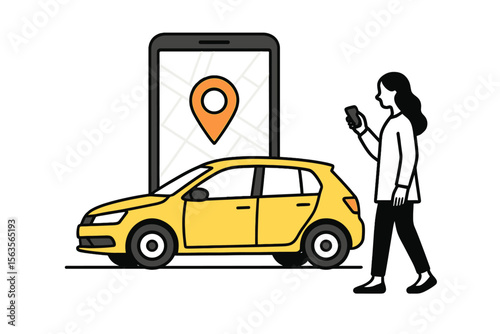 Person using smartphone to locate yellow car parked nearby on urban street in broad daylight