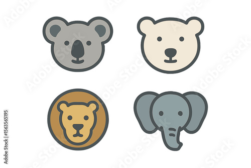 Creative animal face illustrations featuring koala, polar bear, lion, and elephant with a simple design on a white background