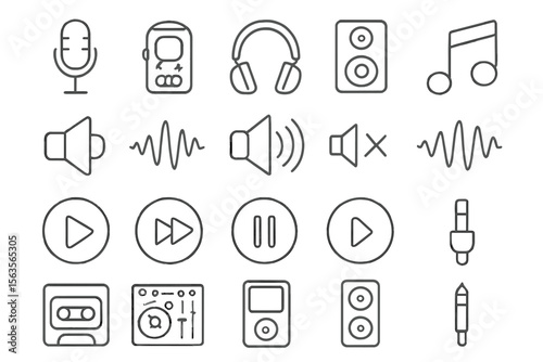 Music and audio equipment icons arranged in a grid, showcasing sound-related elements and controls in a minimalist style