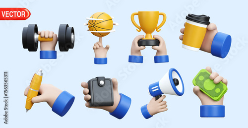 3D vector illustration showcases hands holding various objects such as a dumbbell, trophy, coffee cup, pen, and mobile phone. Ideal for concepts related to fitness, business, success, and daily activi